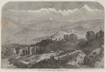 Veduta da Darjeeling di Deodhunga, la montagna più alta del mondo, recentemente misurata dal colonnello A S Waugh, altezza sul livello del mare, 29002 piedi