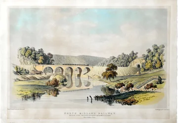 Ponte ferroviario del Nord Midland sul fiume Derwent e la strada Matlock vicino ad Amber Gate