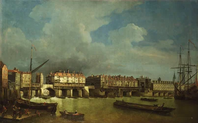 Veduta del vecchio ponte di Londra con chiatte sul Tamigi