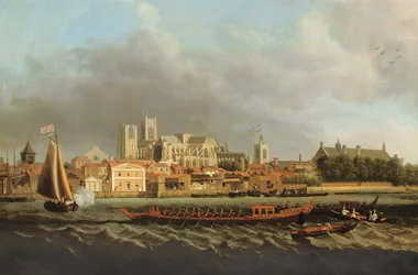 Veduta di Westminster da Lambeth con una barca reale in primo piano