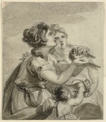 Due donne con una colomba in mano e un cupido