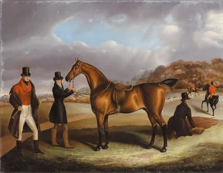 Lord George Bentinck con il suo cacciatore preferito e stallieri, in un paesaggio con una caccia oltre