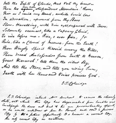 Ultime righe della poesia di Coleridge Hymn before Sunrise in the Vale of Chamouny, scritte di proprio pugno dal poeta e inviate in una lettera a Mrs Brabant di Devizes, 1815