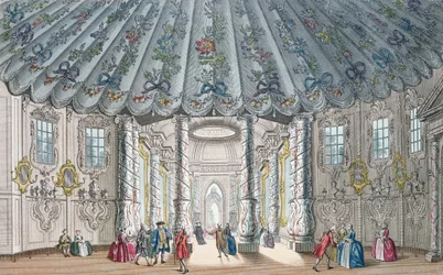 Vista interna della elegante sala musicale nei giardini di Vauxhall, incisa da H. Roberts, 1752