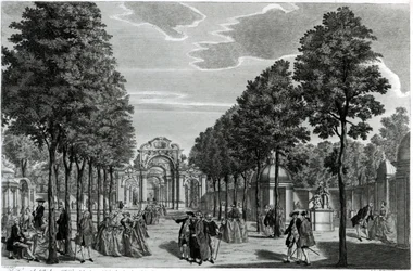 Gli archi trionfali, statua di Handel nel viale sud dei giardini di Vauxhall, inciso da John S. Muller