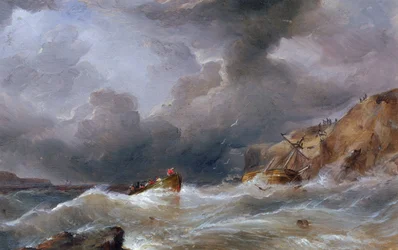 Una barca affondata su una costa rocciosa, con la scialuppa piena di sopravvissuti