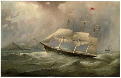 Il clipper della Black Ball Line Ocean Chief riduce le vele durante la sua corsa australiana