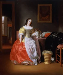Signora in un vestito giallo e rosso