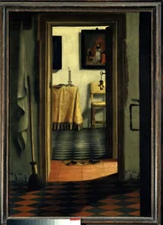 Le pantofole. Interno di una casa in Olanda - Dipinto di Samuel Hoogstraten (1626-1678), scuola fiamminga, XVII secolo, 1,03 x 0,70 m, Parigi, Musée du Louvre