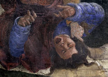 Storia della vita di Mosè. Dettaglio: Egiziano sotto la spada di Mosè. Dipinto di Sandro Botticelli
