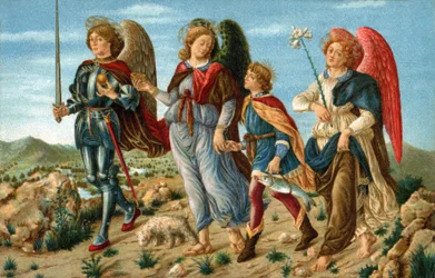 I tre arcangeli e Tobia. Gli angeli Raffaele, Gabriele e Michele accompagnano il giovane Tobia. Cromolitografia realizzata intorno al 1900 per cartolina secondo il dipinto di Sandro Botticelli