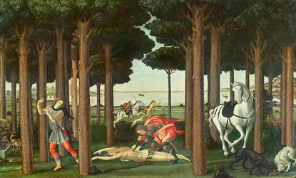 Lo sventramento della donna inseguita: scena II della Storia di Nastagio degli Onesti, ca. 1483
