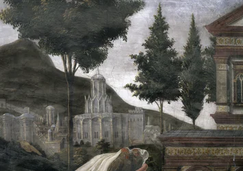 La Purificazione del lebbroso e la Tentazione di Cristo, nella Cappella Sistina: dettaglio di una città immaginaria in un paesaggio
