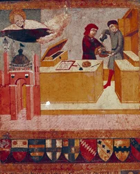 Il camerlingo che simbolicamente si lava le mani mentre la Vergine benevola e protettiva vola sopra la città di Siena Dettaglio. Dipinto su legno di Sano di Pietro (1406-1481) che decora una Biccherna (copertina del registro contabile della città di Siena)