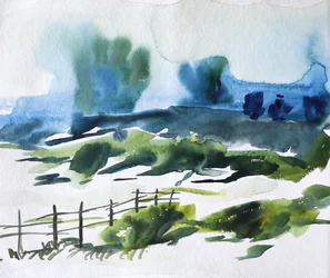 Paesaggio di campagna nebbioso