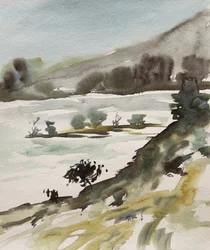 Paesaggio in acquerello dai toni tenui