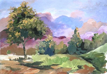 Albero in un paesaggio nuvoloso dai toni pastello