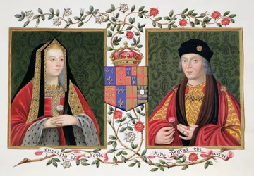 Doppio ritratto di Elisabetta di York (1465-1503) e Enrico VII (1457-1509) che tengono la rosa bianca di York e la rosa rossa di Lancaster, da «Memorie della corte della regina Elisabetta», pubblicato nel 182