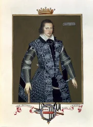Ritratto di Robert Devereux (1566-1601), 2º conte di Essex, da “Memoirs of the Court of Queen Elizabeth”, dal dipinto a olio di Sir William Segar (attivo 1913-morto 1633), pubblicato nel 1825