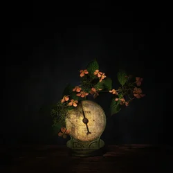 Natura morta scura con fiori e bilancia