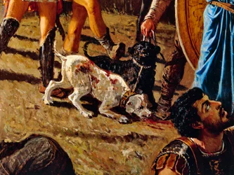 Cani sul campo di battaglia, dettaglio da Il trionfo di Mario, dipinto di Francesco Saverio Altamura (1822-1897)