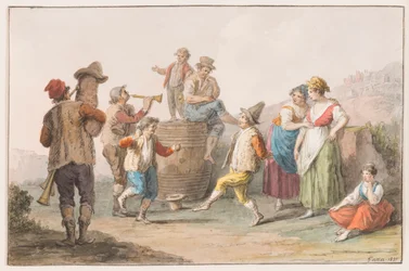 Due contadini che ballano al suono di cornamusa e corno