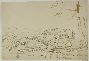 Paesaggio con cavalli in primo piano