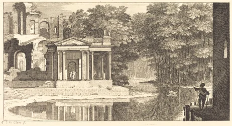 Paesaggio con rovine di un tempio e stagno