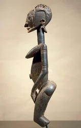 Scultura in legno e metallo, del Maestro dagli occhi obliqui, altezza 59 cm, arte tribale Dogon Mali
