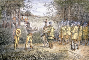 Il capitano Miles Standish commercia con gli indiani Wampanoag nel 1621