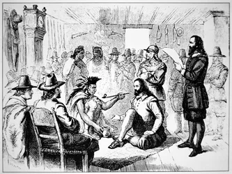 Massasoit, capo del popolo Wampanoag, offre la pipa della pace a John Carver nel 1621