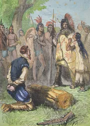 Pocahontas salva la vita di John Smith (incisione colorata)
