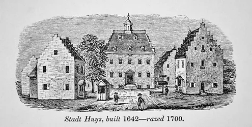 Il Dutch Stadt Huys, New Amsterdam (New York), costruito nel 1642 e demolito nel 1700