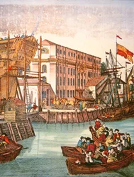 Veduta del porto di New York a metà del XVIII secolo