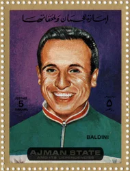 Francobollo degli Emirati Arabi Uniti che rappresenta il ciclista Ercole Baldini (nato nel 1933)