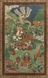 Taglio di capelli e altre scene. Thangka da un seguito dedicato ai principali episodi della vita del Buddha