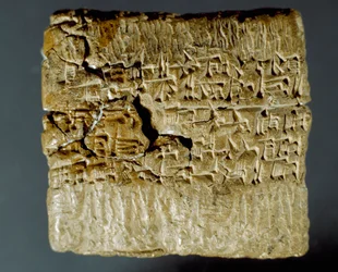 Civiltà assira: scatola incisa con caratteri cuneiformi riguardanti la produzione di due miniere d