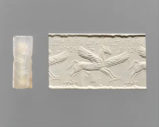 Sigillo cilindrico e impressione moderna: cavallo alato con artigli e corna, c. XIV-XIII secolo a.C. (calcedonio)