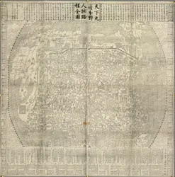 Una mappa della Cina e dei paesi vicini. Punti di riferimento come la Grande Muraglia. Datata 1645