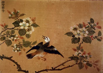 Arte cinese: uccello e fiori, dipinto su seta del XVI secolo