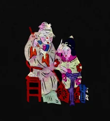 Coppia con donna anziana e ragazza. Taglio di carta dipinta o "Jian Zhi", arte popolare cinese, Pekin.