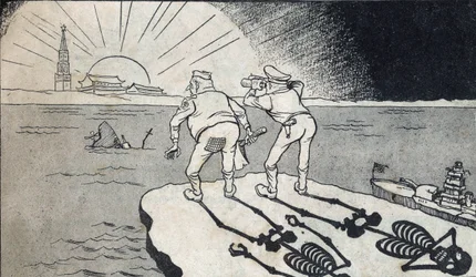 Il generale MacArthur con la sua ombra scheletrica che guarda i gemelli della Repubblica Popolare Cinese. Caricatura, in "Disegni satirici", Pechino