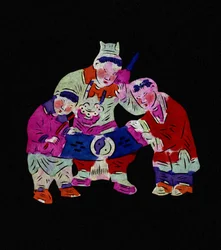 Personaggio maschile con due bambini. Taglio di carta dipinta o "Jian Zhi", arte popolare cinese, Pekin.