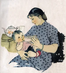 Mamma che dà il biberon al suo bambino. Illustrazione, in "Comment mieux nourish nos enfants", Edition Le Journal de la Sante, Pekin