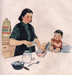Mamma che prepara un pasto per il bambino. Illustrazione, in "Comment mieux nourish nos enfants", Edition Le Journal de la Sante, Pekin