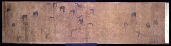 Signore del palazzo a riposo, rotolo a mano, dettaglio di signore che fanno musica, dopo un originale di Wen-chu Chou, periodo Sung meridionale, c.1140