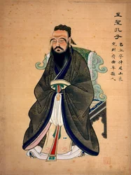 Ritratto di Confucio (Confucio) (o Kong Fu Zi) (555-479 a.C.), filosofo cinese. Stampa cinese. B.N. Parigi
