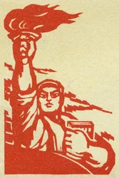 Ritratto di un rivoluzionario cinese che porta una fiamma e il Libretto Rosso del Presidente Mao (1893-1976) nella Repubblica Popolare Cinese. Illustrazione di propaganda, in "Manuel pour bien drawing", Pekin.