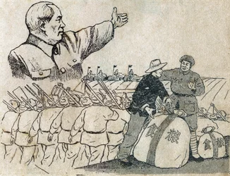 Il presidente Mao (1893-1976) mostra ai contadini cinesi la strada dell