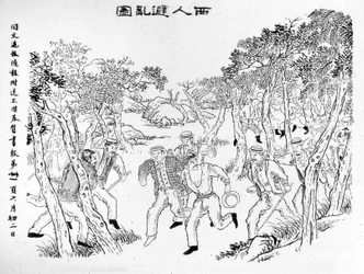 Rivolta dei Boxer: Gli europei in fuga di fronte ai Boxer. Illustrazione pubblicata sul Journal de Shanghai Toung-Ouen-Hou-Pao. Circa 1899.